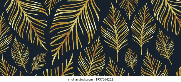 Gold leaves abstract background vector. Luxury black wallpaper design with leaves line art.vector illustrations 