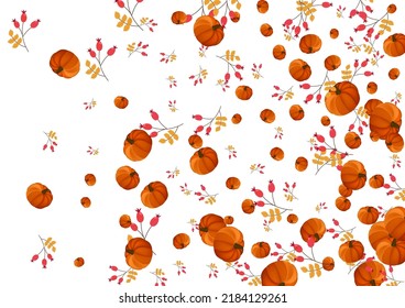 Gold Leaves Background White Vector. Gourd November. Orange Cozy Template. Cute Set. Green Plant Nature Illustration.