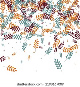 Gold Leaves Background White Vector. Foliage Border Set. Red Plant. Orange Leaf Silhouette. Decorative Design.