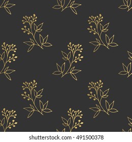 Gold leaves and flowers pattern, decorative element, border for design. Seamless hand drawn floral ornament on black background. Page, web site decoration. Vector illustration.