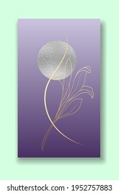 Gold leaves and flowers vector drawing for the wall. The circle is silver. Line drawing of boho foliage with abstract shape. Abstract plant design for prints, covers, wallpapers, minimal designs