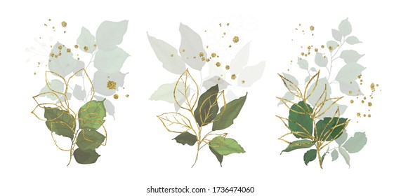 Gold leaves green tropical branch plants wedding bouquet with golden splatters isolated. Floral foliage vector illustration arrangement in watercolor style for wedding invitation card