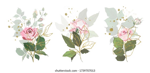 Gold leaves green tropical branch plants with pink rose flowers wedding bouquet with golden splatters. Floral foliage vector illustration arrangement in watercolor style wedding invitation card