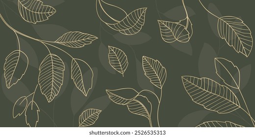 Gold leaves hand drawing isolated on green background.Vector illustration