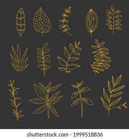 Gold leaves line art pack for ornamental, edible stroke weight