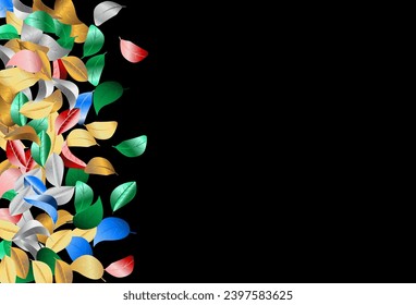Gold Leaves Nature Vector Black Background Backdrop. Realistic Foliage Banner. Green Color Blur Illustration. Leaf Motion Design.