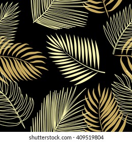 Gold leaves of palm tree. Seamless pattern. Vector background.