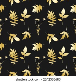 Gold leaves pattern , leave and camomile, dark background. Vector illustration
