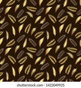 Gold leaves seamless pattern on dark background. Nature concept. Vector image