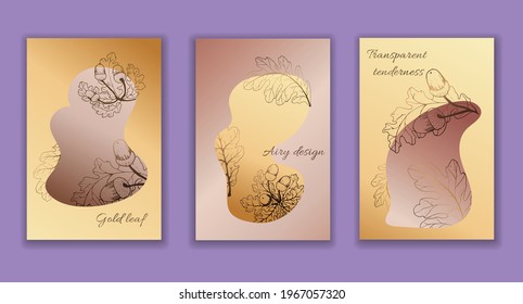 Gold leaves. Set of beautiful designs with leaves. Floral design wedding invitation template, golden acorns flowers with oak leaves.