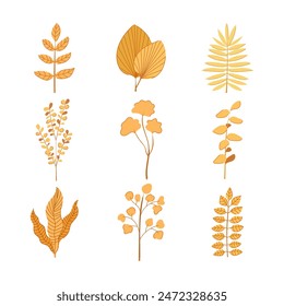 gold leaves set cartoon. texture foil, abstract glitter, paint border gold leaves sign. isolated symbol vector illustration