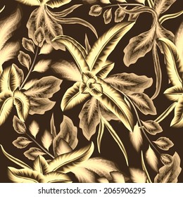 gold leaves tropical seamless pattern on delicate background. Vector design. Jungle print. Floral background. Printing and textiles. Exotic tropics. Summer design
