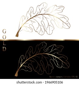 Gold leaves vector graphics for the wall. Oak Leaf. Line drawing of boho foliage with abstract shape. Abstract plant design for prints, covers, wallpapers, minimal designs