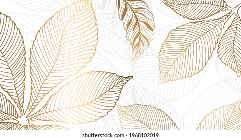 Gold leaves for the walls. Background with golden leaves of chestnut on a white background. Vector graphics.