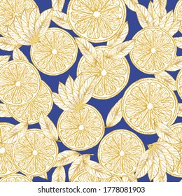 Gold lemon slices on a blue background. Seamless vector pattern of individual citrus halves with leaves.