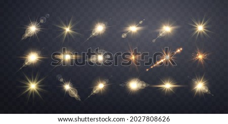 Gold lens flares set.
Isolated on transparent background. Sun flash with rays or gold spotlight and bokeh. Yellow glow flare light effect. Vector illustration. Foto stock © 