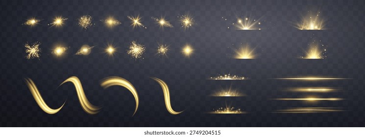 Gold lens flares set. Sun flash with rays or gold spotlight and bokeh. Yellow glow flare light effect. Isolated on transparent background. Vector illustration.