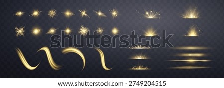 Gold lens flares set. Sun flash with rays or gold spotlight and bokeh. Yellow glow flare light effect. Isolated on transparent background. Vector illustration.