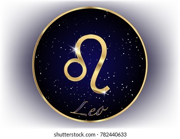 Gold Leo zodiac constellations sign on beautiful starry sky with galaxy and space behind. Lion horoscope symbol on deep cosmos background. Vector isolated