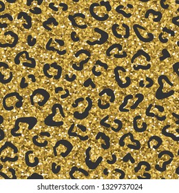 Gold leopard skin print of spot, stains and splash. Glitter seamless pattern