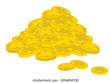 Gold of the Leprechauns. A pile of gold coins with clover and individual coins. Mountain of gold coins Isolated on a white background. Cartoon yellow money. Flat vector illustration.