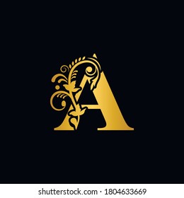 Gold letter A. Vintage golden flower ornament initial letters.  Alphabet. Logo vector 