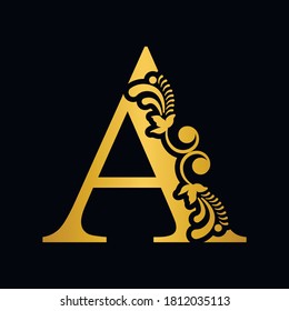 Gold letter A. Vintage golden flower ornament initial letters.  Alphabet. Logo vector 