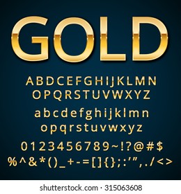 Gold Letter, Alphabetic Fonts  With Numbers And Symbols. Vector EPS10