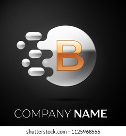 Gold Letter B logo. Silver dots splash and abstract liquid bubble shape on black background. Vector template for your design