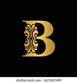 Gold letter B. Vintage golden flower ornament initial letters.  Alphabet. Logo vector 