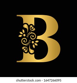 Gold letter B. Vintage golden flower ornament initial letters.  Alphabet. Logo vector 