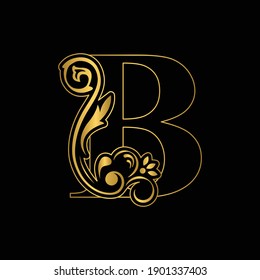 Gold letter B. Vintage golden flower ornament initial letters.  Alphabet. Logo vector 