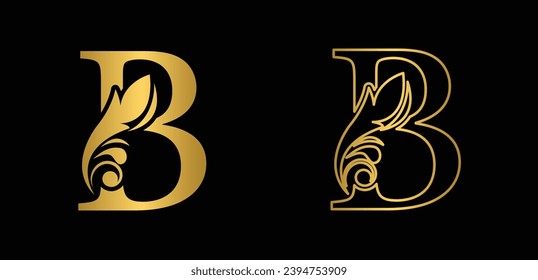 Gold letter B Vintage golden flower ornament initial letters.  Alphabet. Logo vector 
