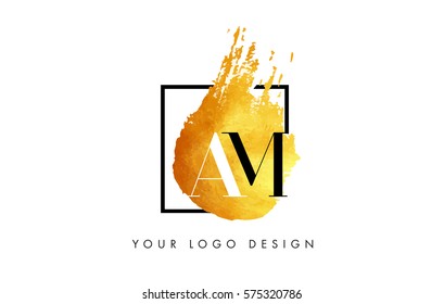 AM Gold Letter Brush Logo. Golden Painted Watercolor Background with Square Frame Vector Illustration.