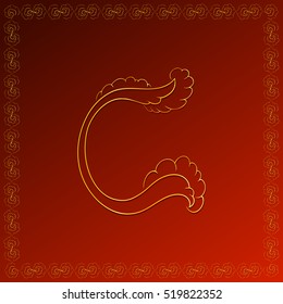 Gold letter "C" in the form of a wave in an openwork frame on a red background.