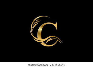 
Diseño del logo de la letra C de oro con hermosos adornos de hojas, flores y plumas. letra inicial C. monograma C florece. apto para logotipos para tiendas, empresas, empresas, estética, oficinas, spas, etc.