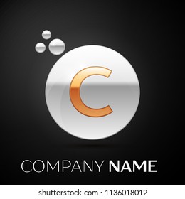 Gold Letter C logo. Silver dots splash and abstract liquid bubble shape on black background. Vector template for your design