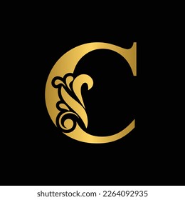 Gold letter C Vintage golden flower ornament initial letters.  Alphabet. Logo vector 