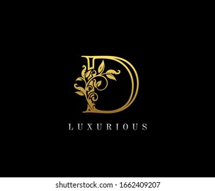 Gold Letter D Logo. D Letter Design Vector with Golden Colors and Floral Hand Drawn.
