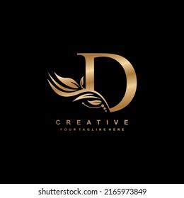 gold letter D logo design with luxurious and beautiful leaf ornament. D Monogram. D typography. gold feather logo. initial letter D logo