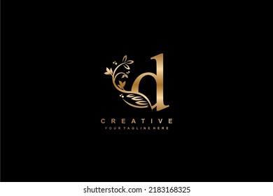 diseño del logo de la letra D dorada con una decoración hermosa y elegante de flores y plumas. Diseño D. icono D. diseño D