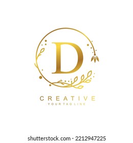 
Gold letter D logo design with circular flower and leaf ornament. the letter D design is beautiful and luxurious. monogram typography D. suitable for logos of beauty, business, company, promotion etc