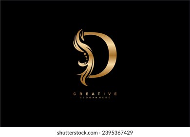 gold letter D logo design with graceful and elegant flower, leaf, feather ornaments. monogram D. typography D. logo D initial. Suitable for, business, wedding, boutique, company, hotel, beauty etc.