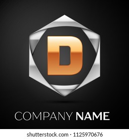 Gold Letter D logo symbol in the colorful silver hexagonal on black background. Vector template for your design