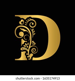 Gold letter D. Vintage golden flower ornament initial letters.  Alphabet. Logo vector 