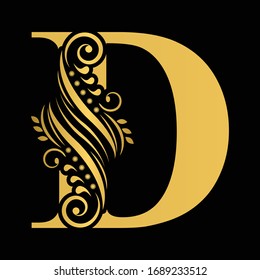 Gold letter D. Vintage golden flower ornament initial letters.  Alphabet. Logo vector 