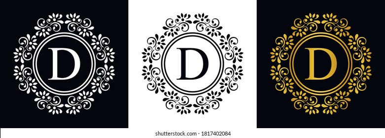  Gold letter D. Vintage set black, white and golden flower ornament initial letters.  Alphabet. Logo vector 