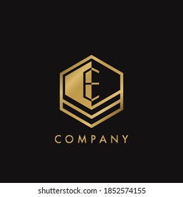 Gold Letter E Letter Logo Concept Elegance Geometrical Hexagon with negative space initial letter for Apartment Real Estate, Property, hotel and Architecture Business.