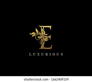 Gold Letter E Logo. E Letter Design Vector with Golden Colors and Floral Hand Drawn.