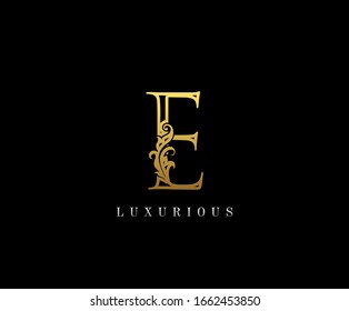 Gold Letter E Logo. E Letter Design Vector with Golden Colors and Floral Hand Drawn.